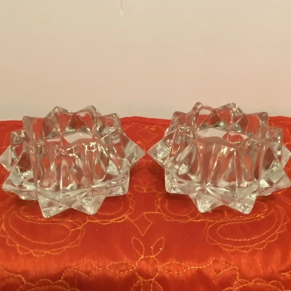 Glamorous Pair‎ Lead Crystal Starburst Votive Candle Holders Glass Clear Modern